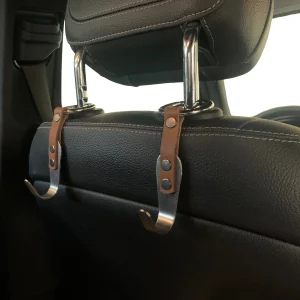 Car Headrest Hooks with Carabiner Clip - Leather and Stainless Steel Seat Back Organizer