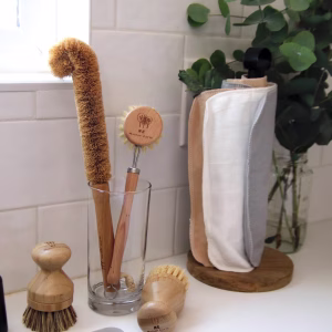 4 Pack Wood and Plant Fiber Kitchen Cleaning Brushes - Dish and Pot Scrubber Set
