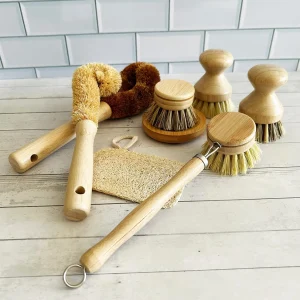 8 Piece Kitchen Cleaning Brush Set - Wood and Plant Fiber Dish Scrubbers with Manual Soap Dispenser