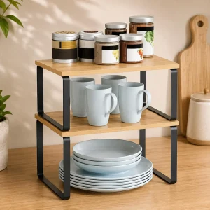 2 Pack Stackable Cabinet Shelf Organizer - Expandable Kitchen Counter & Pantry Riser